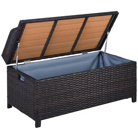 Outsunny PE Rattan Outdoor Storage Bench, Aluminium Garden Bench with Storage Underneath w/ Zipped Inner Lining, Rods for Dec
