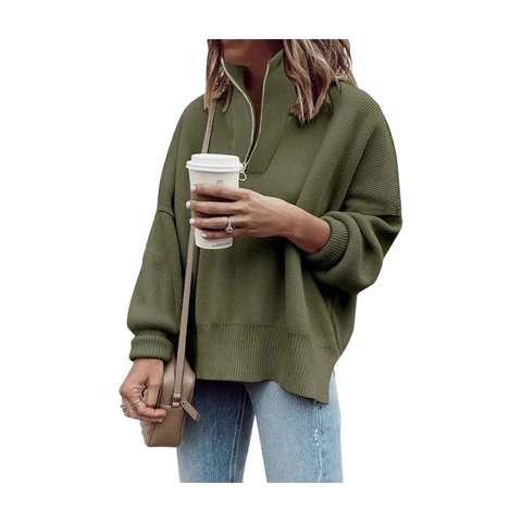 Women's Tunic Sweater Fall Long Sleeve 1/4 Zip Pullover Sweaters Oversized Slouchy Ribbed Knit Sweatshirt with Slit (ArmyGreen, M)
