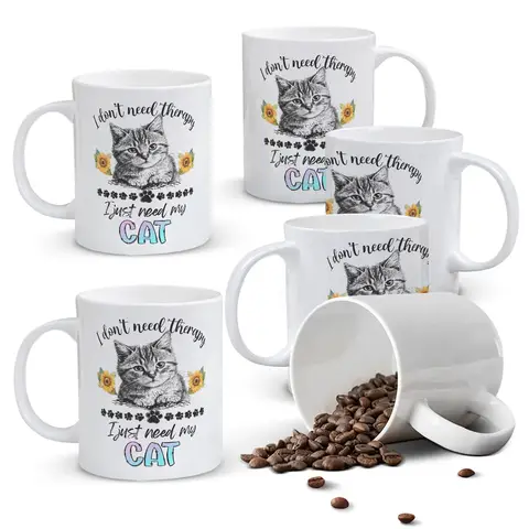 Alphynix 1pc 11oz White Mug with "I Just Need My CAT" Quote & Sunflower Design, Heartwarming Cat Therapy Christmas or Thanksgiving Gift