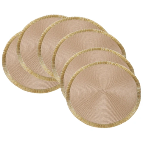 Set de 6 Sets de Table Tressés en Fil Brillant PP avec Pompons Paille Jaune + Pompon Doré, Rond 38cm, Faits Main en Matière PP, Idéal pour Essuyer et Nettoyer, Parfait pour les Réceptions et Mariages