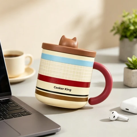Meow Encounter Gobelet de bureau 450 ml – Marron vintage à carreaux