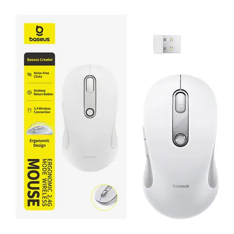 OS-Baseus F02 Ergonomic Wireless Mouse 2.4G Single Moon White