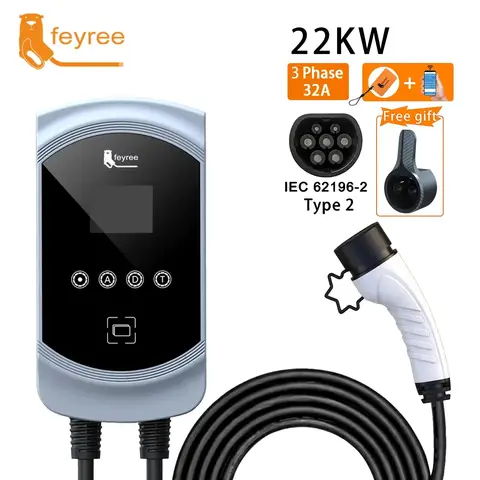 feyree EV-Ladegerät 32A, 22kW, 3-Phasen, Elektrofahrzeug-Autoladegerät (EVSE), Wallbox, Typ 2-Kabel, IEC 62196-2-Stecker, APP-Steuerung