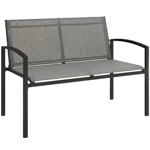 Outsunny Metal Garden Bench, 2 Seater Outdoor Furniture Seating with Breathable Texteline Fabric, Curved Armrest, Park Patio Seat for Porch, Balcony, Grey