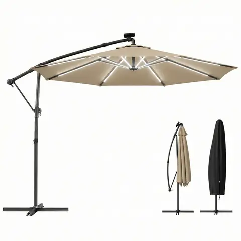 Outsunny 3 m Garden Cantilever Parasol with LED Solar Light, Round Overhanging Umbrella with 6-Position 360° Rotation, Crank Handle, Tilt, Cover, Banana Patio Umbrella for Outdoor Sun Shade, Khaki