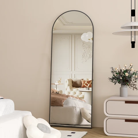 Grote passpiegel 150x60 cm boogvormige vloerspiegel met standaard gebogen volledige lichaamsspiegel staand hangend of tegen de muur geleund voor slaapkamer entree, woonkamer Zwart