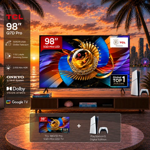 TCL 98Q7D PRO Gaming Bundle, 98 Zoll 4K QD-Mini LED TV, 2.000 Nits HDR, 144 Hz VRR, Google TV, mit PlayStation 5 Slim Digital Edition 825 GB