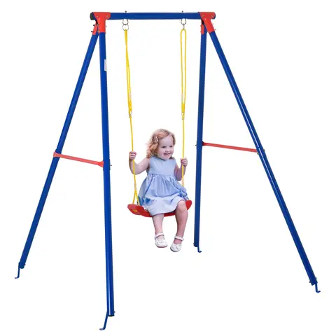 Outsunny Kids Swing Set Toddler Swing Adjustable Rope Heavy Duty A-Frame Stand Outdoor Playset for 3-8 Years Old Blue