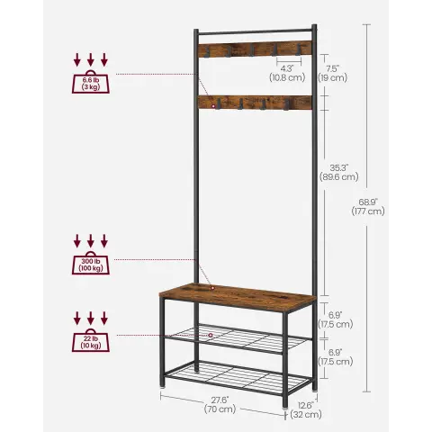 VASAGLE Clothes Horse, 70x32.5x175cm, Industrial Style, Rustic Brown and Black