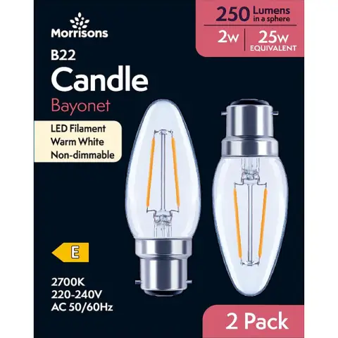 MORRISONS LED FILAMENT CANDLE 250 LUMENS BC 2W 2PK