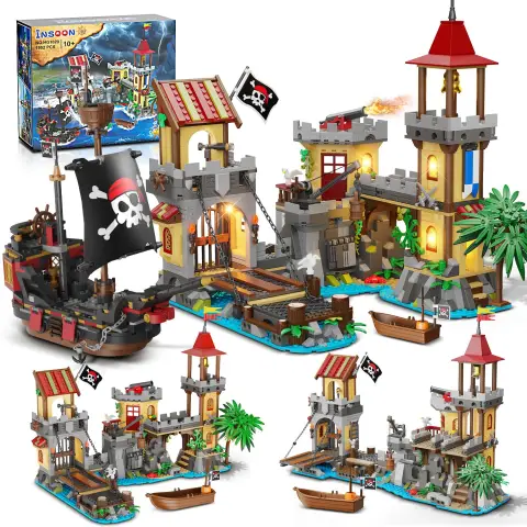 Piratenburg-Bausatz mit Licht, 3 Modi Großes Piratenschiff-Bucht-Baustein 1502 Teile, Mittelalterliches Piratenkai-Haus Konstruktionsmodell Spielzeug Heimdekoration für Erwachsene Jugendliche Jungen Mädchen 10+