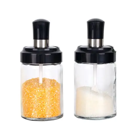 BJ Lot de 2 pots d'assaisonnement en verre pour la cuisine et le ménage avec cuillère, pot à sel, bouteille d'assaisonnement et pot, bouteille d'assaisonnement intégrée LY-278
