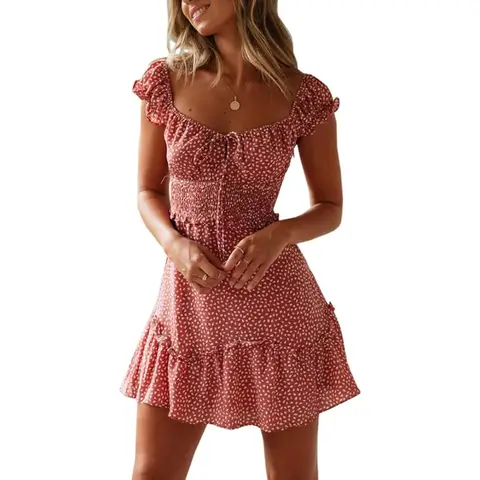 Women's Summer Ruffle Sleeve SWEETHEART Neckline Printing Dress Mini Dresses (red， XL)