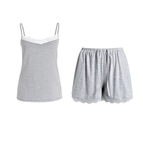 IZURIA white wide lace v-neck dark grey knitted camisole and knitted shorts set  S