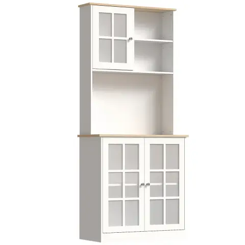 Homcom Display Cabinet Classic Kitchen Appliance Glass Doors White/Oak Effect