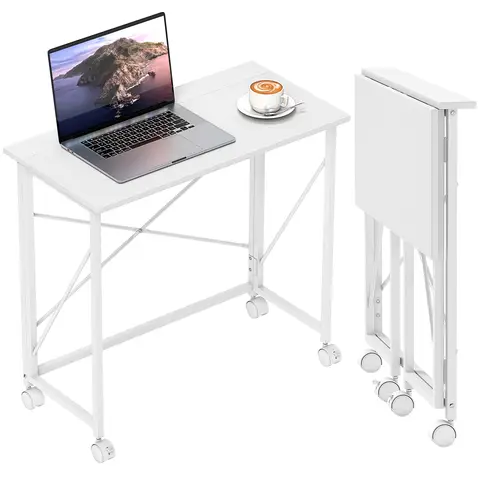 HOMCOM Small Folding Desk, 80 cm Foldable Computer Desk on Wheels for Small Space Space Saving Writing Table White