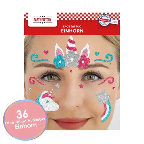Face Tattoo Einhorn, temporäres Glitter Gesichtstattoo für Motto Party, Halloween & Karneval, Kinder & Erwachsene
