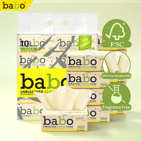 BABO Unbleached Bamboo Fiber Facial Tissues (EU Standard， Plastic Pack)， 3-Ply， 133×200mm， 100 Sheets per Pack， 10 Packs per Bundle. Fluorescent-Free & Unbleached， Tear-Resistant & Lint-Free When Wet， ISEGA & HALAL Certified， Suitable for Mothers， Infants and General Household Use