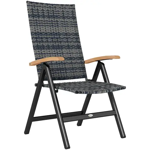 Outsunny Folding Garden Chair, 5-level Reclining PE Rattan Garden Dining Chair with Wood Armrests, High Back and Steel Frame 