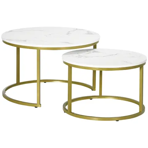 HOMCOM Coffee & Side Table Set Marble Round White/Gold