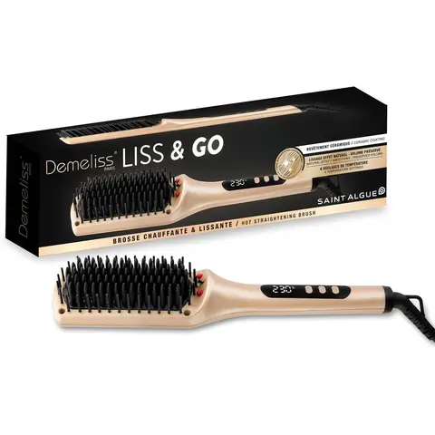 Saint Algue Demeliss LISS & GO Brosse chauffante – Revêtement en céramique – Technologie ionique – 6 réglages de température jusqu’à 230 °C – Lissage naturel avec volume préservé – Or