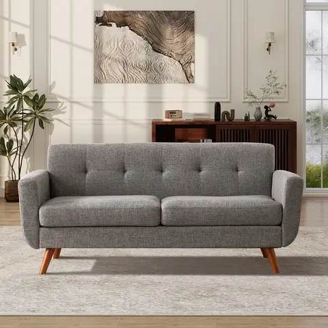 HONEYOU 165 cm Zweisitzer-Sofa, modernes Sofa im Stil der Jahrhundertmitte für das Wohnzimmer, kleines gepolstertes Sofa mit Knopfheftung für das Schlafzimmer, stabil und einfach zu montieren, Grau