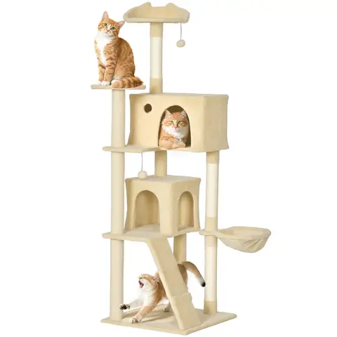 PawHut 180cm Cat Tree, Multi-Level Large Cat Tower with 3 Sisal Scratching Posts, Condos, Plush Perches, Hammock, Ladder, Dangling Balls, Kitten Activity Centre for Kittens Playing Relaxing, Beige