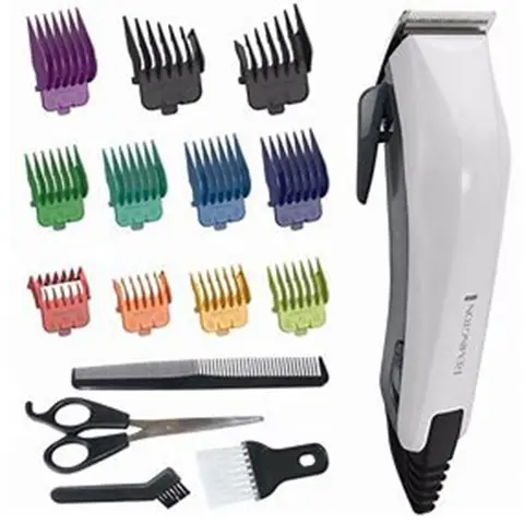 Remington Colour Cut Hair Clipper – Adjustable Settings, Self-Sharpening Stainless Steel Blades, Colour-Coded Combs, Durable and Easy Clean Design – White/Grey, HC5035