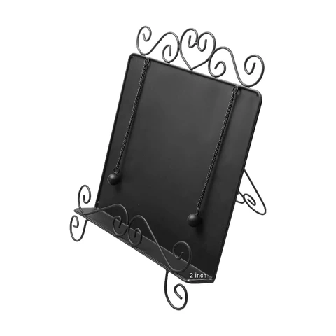 MyGift Schwarzer Metall-Kochbuchständer für die Küchenarbeitsplatte, Kochbuchhalter mit beschwertem Seitenhalter und Vintage-Scrollwork-Design