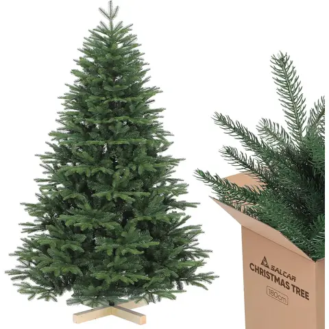 SALCAR Sapin de Noël Artificiel Nordmann de 180 cm avec Support en Bois, éléments moulés par Injection réalistes en polyéthylène et PVC, 1,8 m (diamètre 122 cm)