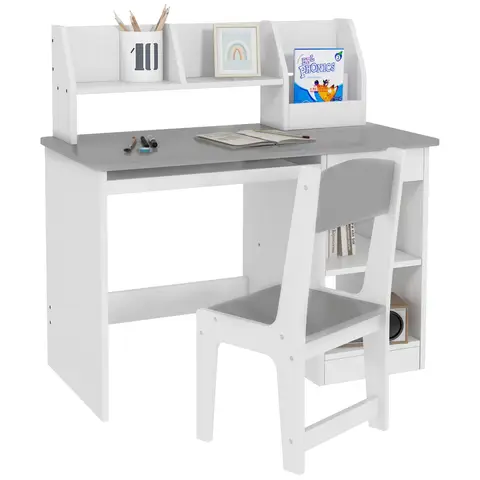 ZONEKIZ Kids Desk and Chair Set with Storage, for Ages 5-8 Years, 2 Piece Children Table and Chair Set with Keyboard Drawer, Grey