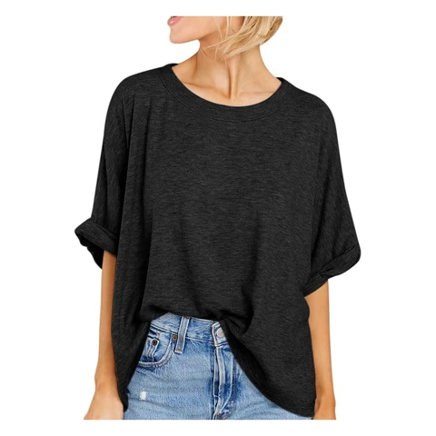 Women Oversized T-Shirt Summer Casual Short Sleeve Loose Tee Tops (black, L)
