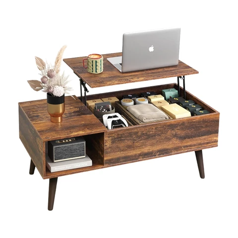 WLIVE in hoogte verstelbare salontafel met opbergruimte, salontafel met uitschuifbaar blad en open vakken, rechthoekige salontafel voor de woonkamer, rustiek bruin