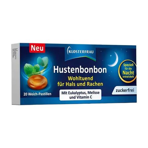 Klosterfrau Husten-Lutschtabletten, Beruhigend bei Hustenreiz, Lindert gereizten Hals und Rachen mit Eukalyptus, Unterstützt einen ruhigen Schlaf mit Melisse, 20 Weichpastillen