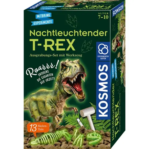 KOSMOS 658021 Nachtleuchtender T-REX Experimentierset für Kinder ab 7 Jahren, Dinosaurier, Fossilien, Ausgrabung, Urzeit, tief verborgen im Gipsblock, Mitbringsel, Geschenk