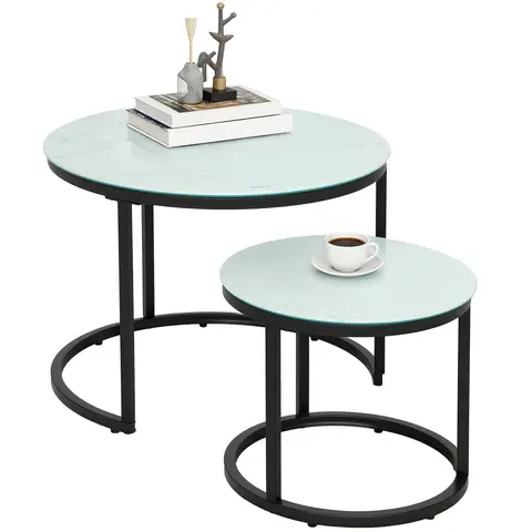 HOMCOM Glass Coffee Table Set of 2, Round Nest of Tables with Marble-Effect Tempered Glass Tabletop and Steel Frame, Modern Side Tables for Living Room, White
