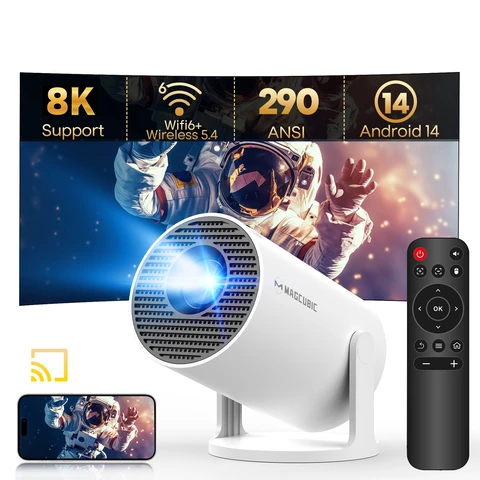 【Lite Entertainment】Magcubic Smart Projector, 8K Supported, Native 720P HD, 290 ANSI, Android 14, 5G WiFi 6 Bluetooth 5.4, 180° Rotation & Auto Keystone, Portable Projector for Home Cinema Bedroom Ourdoor Compatible with HDMI/USB/Phone/PS5/TV Stick, HY300Pro White