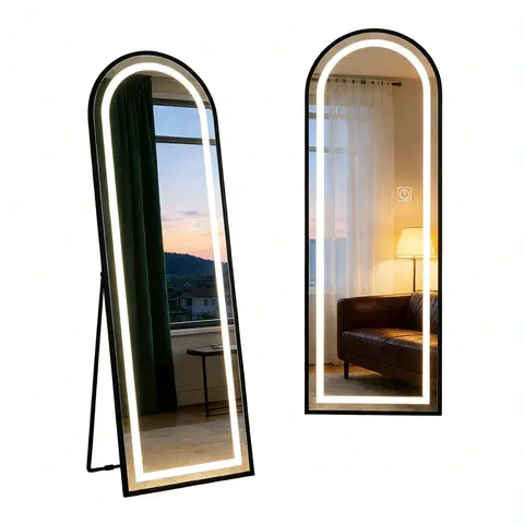 Arched Full Length Mirror with LED Lights, 150×45cm Touch Control Floor Mirror, 3 Color Temperatures Dimmable Standing Wall Mounted Full Body Mirror for Bedroom Dressing Room