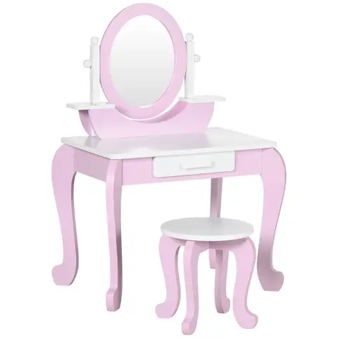 ZONEKIZ Kids Dressing Table, Kids Vanity Set, Girl Makeup Desk w/ Mirror, Stool, Drawer, for Ages 3-6 Years - Pink