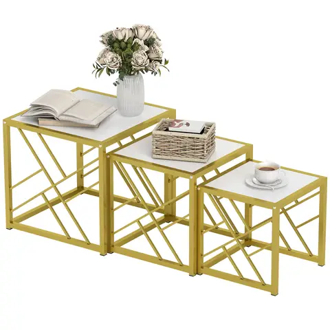 HOMCOM Nesting Coffee Tables, Set of 3 Square Side Tables with Metal Frame, for Living Room, Bedroom and Office White