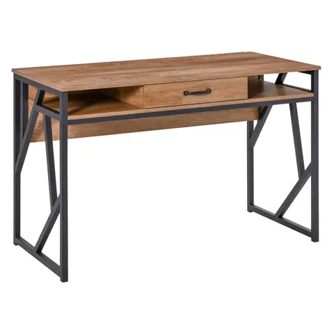 HOMCOM Bureau Style Industriel dim. 120L x 60l x 76H cm tiroir + 2 niches piètement métal Noir Plateau, pour Étude, Aspect Bois Noyer
