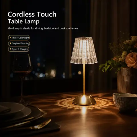 Arlgsite draadloze led-tafellamp, dimbare led-nachttafellamp met 3 kleuren en aanraakbediening, 1800 mAh vintage bureaulamp, via USB-C oplaadbaar nachtlampje voor woonkamer slaapkamer restaurant bar goud