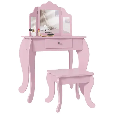 HOMCOM Kids Vanity Table and Chair Set, Girls Vanity Set with Tri-Folding Mirror and Stool, Makeup Dressing Table Pink