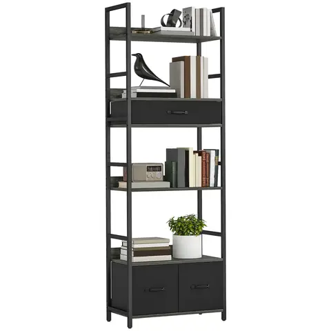 HOMCOM 6-Tier Industrial Bookcase, Tall Bookshelf with 4 Shelves and 3 Fabric Drawers, Wide Storage Rack, Shelving Unit Grey