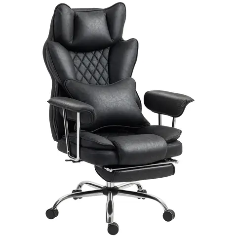 HOMCOM Executive Office Chair, Leathaire Reclining Computer Desk Chair with Lumbar Support Pillow, Built-in Headrest, High Back, Footrest, Silent Swivel Wheels, Armrest for Home, Black