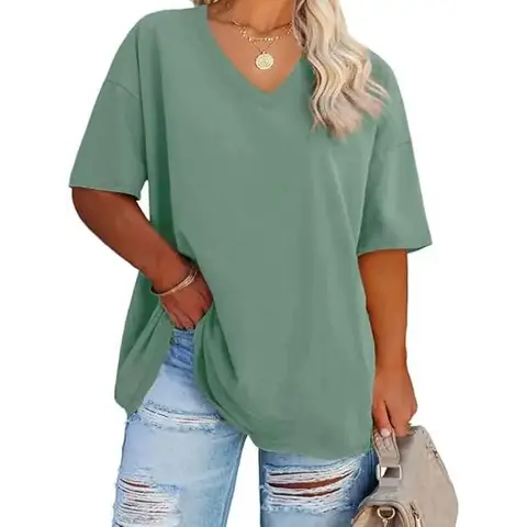 Women's Plus Size V Neck T Shirts Summer Half Sleeve Oversized Tees Casual Loose Fit Tunic Tops (green, XXL)