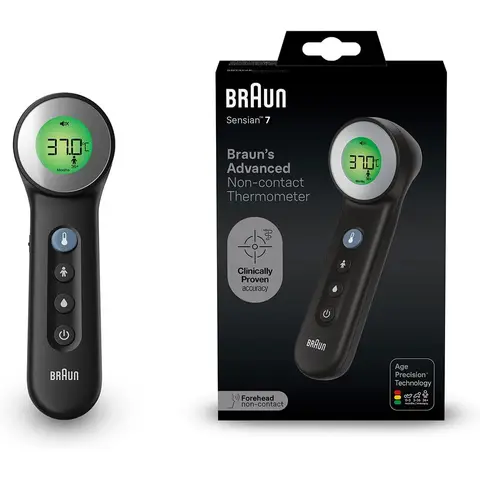 Braun Sensian 7 kontaktloses Stirnthermometer, Age Precision Technologie, 3-in-1, farblich kodiertes digitales Display, geeignet für Babys und Kinder, BNT400