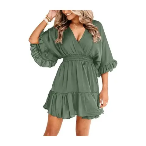 Women's V Neck Casual Dresses Summer Loose High Waist Ruffle Pleated Cute Mini Short Dress (green, XL)