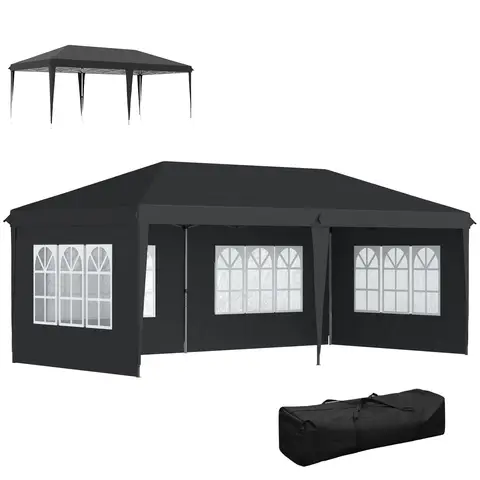 Outsunny 3 x 6m Garden Pop Up Gazebo, Height Adjustable Marquee Party Tent with Sidewalls, Storage Bag, Black