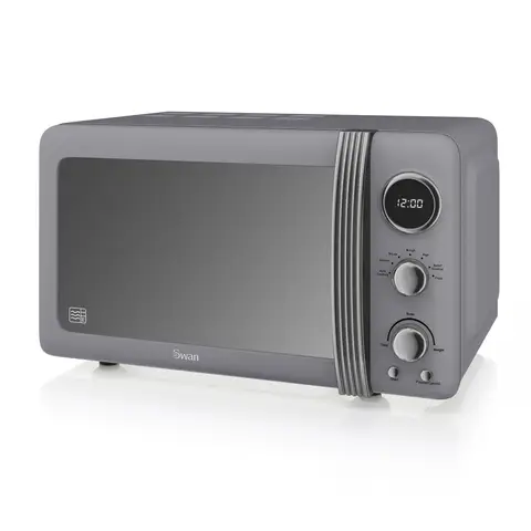 Swan Retro LED Digital Microwave - Grey, 20L, 800W, 5 Power Levels, Defrost Setting, Glass Turntable, SM22030LGRN